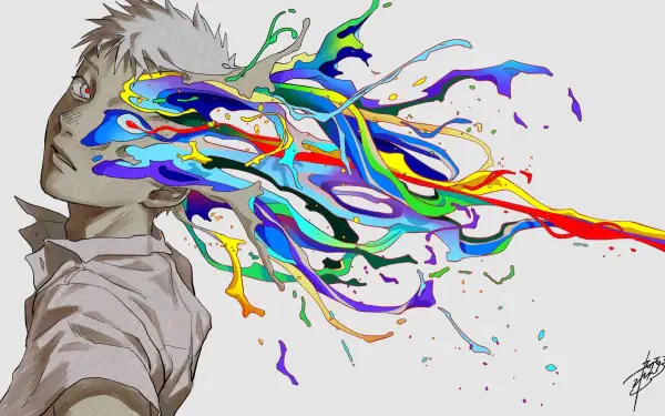 HD PC desktop wallpaper from the anime The Summer Hikaru Died, depicting a character with vibrant, colorful paint-like streaks flowing from their head.