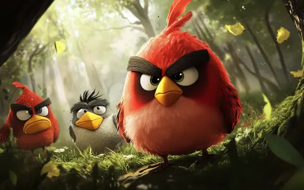 HD PC desktop wallpaper featuring Angry Birds characters in a detailed cartoon forest scene from the popular mobile game.