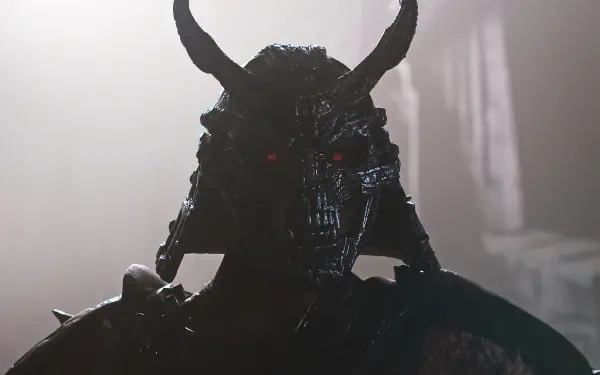 HD PC desktop wallpaper featuring a dark, horned warrior from the movie Mortal Kombat II, with glowing red eyes and an ominous atmosphere.