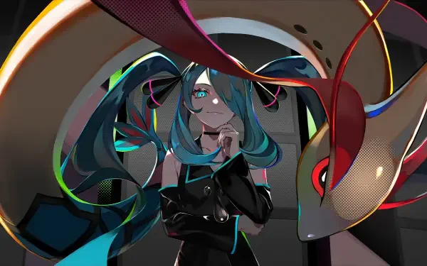 4K Ultra HD wallpaper featuring a crossover of Hatsune Miku and Cynthia with Milotic from Pokémon, blending vibrant anime and gaming styles on a PC desktop background.