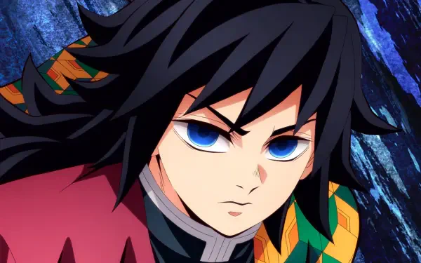 4K Ultra HD anime wallpaper featuring Giyuu Tomioka from Demon Slayer: Kimetsu no Yaiba with intense blue eyes and flowing black hair against a dark textured background.