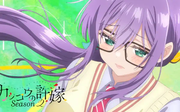Anime-style HD desktop wallpaper of Hiro Segawa from A Couple of Cuckoos, featuring her with long purple hair, glasses, and a school uniform against a green background.