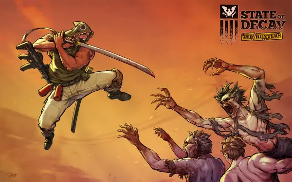 HD PC desktop wallpaper featuring a dynamic scene from the video game State of Decay with a warrior fighting off approaching zombies.