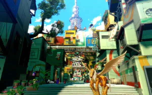 HD PC desktop wallpaper from the video game Digimon Story: Time Stranger, featuring a vibrant cityscape with a flying Digimon in the foreground under a bright blue sky.