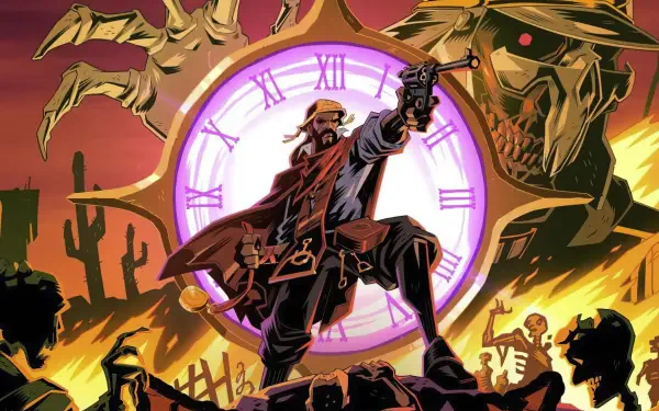 HD PC desktop wallpaper depicting a dramatic scene from the rogue-like video game Hell Clock, featuring a gunslinger, a glowing clock, and menacing skeletal figures.