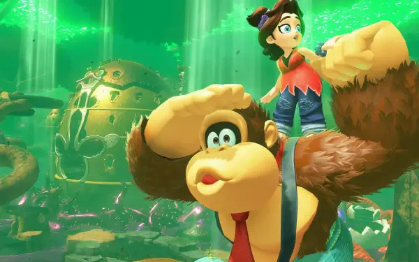 HD PC desktop wallpaper featuring characters from the video game Donkey Kong Bananza in a vibrant, green underwater environment.