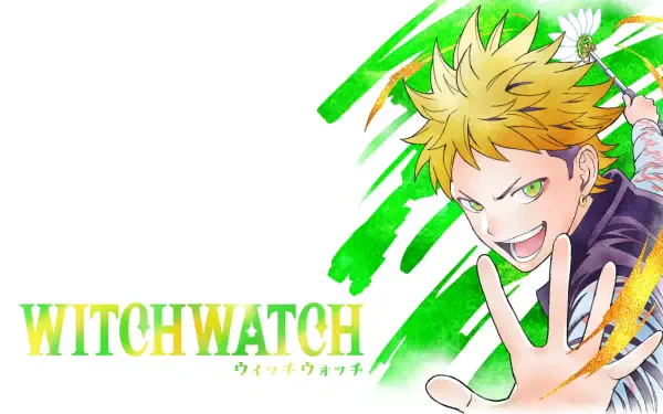 HD PC desktop wallpaper featuring Kanshi Kazamatsuri from the anime WITCH WATCH with vibrant green and yellow accents on a white background.