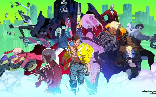 A vibrant 4K Ultra HD PC desktop wallpaper featuring diverse characters from Cyberpunk: Edgerunners against a neon cityscape backdrop.