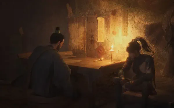 HD PC desktop wallpaper from the video game Wuchang: Fallen Feathers showing two characters seated in a dimly lit room with warm, atmospheric lighting.