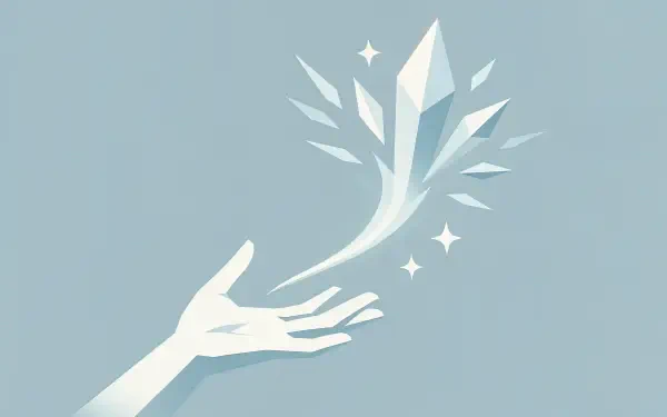 Minimalist 4K Ultra HD desktop wallpaper depicting a stylized hand casting an ice spell with crystal shards and sparkling frost on a cool blue background.