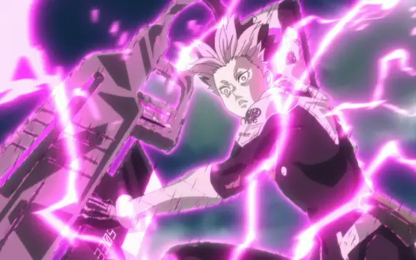 HD PC wallpaper featuring Gen Narumi from the anime Kaiju No. 8, surrounded by vibrant purple lightning energy in an intense action pose.