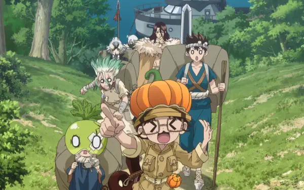 HD PC desktop wallpaper featuring characters from the anime Dr. Stone exploring a lush forest setting.