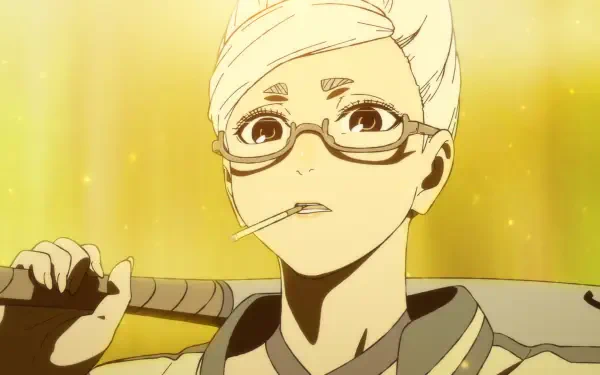 HD PC desktop wallpaper featuring Seiko Ayase from the anime Dandadan, shown with glasses and a serious expression against a warm, glowing background.