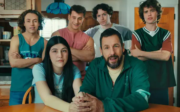 HD PC desktop wallpaper of the movie Happy Gilmore 2 featuring the main cast posing together in a cozy kitchen setting.