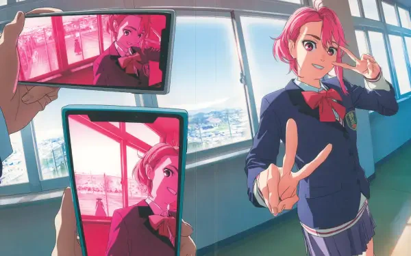 Aira Shiratori from the anime Dandadan poses with a peace sign in a bright school hallway, captured through two smartphone screens in this 8K Ultra HD desktop wallpaper.