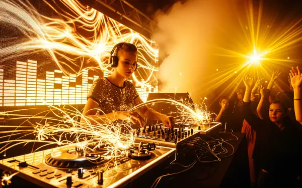 Vibrant 4K Ultra HD desktop wallpaper of a DJ performing live, surrounded by dynamic light effects and an energetic crowd at a night event.