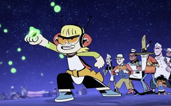 Kid Cosmic in an action pose with glowing fists, standing confidently under a starry night sky, featured in a vibrant 4K Ultra HD PC desktop wallpaper.