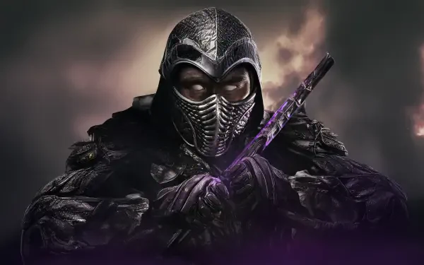 4K Ultra HD Mortal Kombat 2 (2025) PC desktop wallpaper featuring a detailed, armored ninja warrior holding a glowing sword against a smoky background.