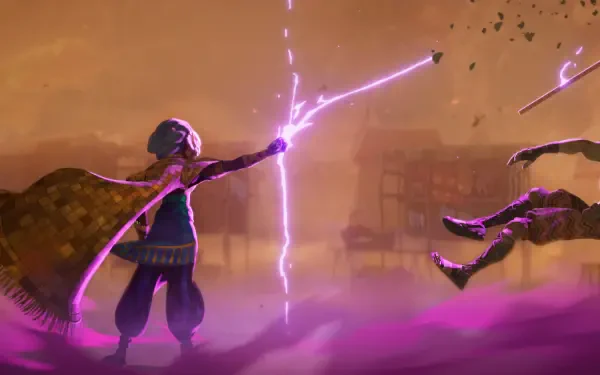 HD desktop wallpaper from the TV show Eyes of Wakanda, depicting a character casting a vivid purple lightning spell in a dramatic, mystical scene.