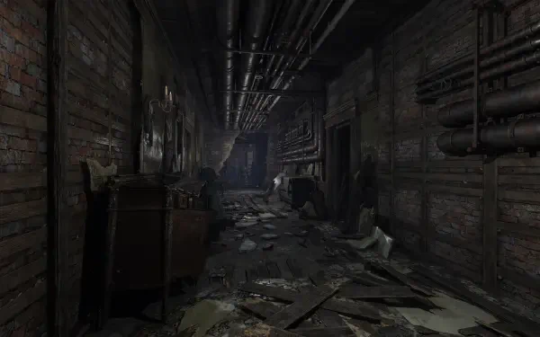 Dark, abandoned corridor from the video game Death Relives, depicted in high-definition as a haunting PC desktop wallpaper background.