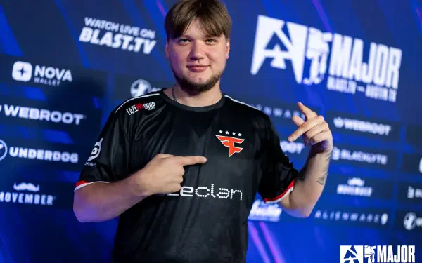 HD PC desktop wallpaper featuring esports player s1mple in a FaZe Clan jersey at the BLAST.tv Major event stage.