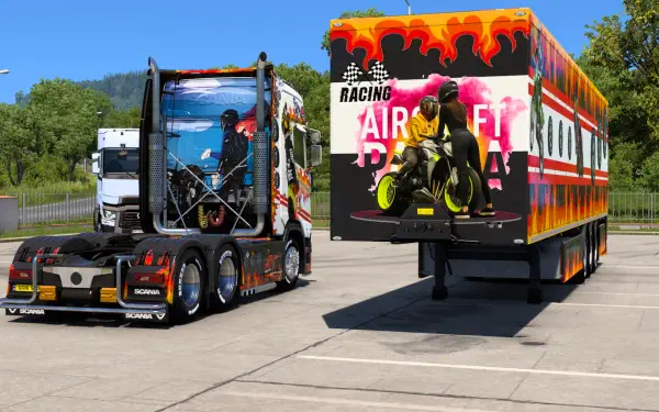 HD desktop wallpaper featuring trucks at a truck stop with vibrant Euro Truck Simulator 2 graphics and a dynamic truck racer design.