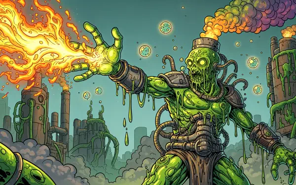 A green, zombie-like creature casting a fiery spell amid a smoky industrial background, rendered in vibrant detail for a 4K Ultra HD PC desktop wallpaper.