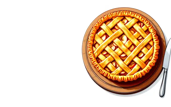 A vibrant 4K Ultra HD wallpaper featuring a detailed apple pie with a golden lattice crust on a wooden board beside a knife.