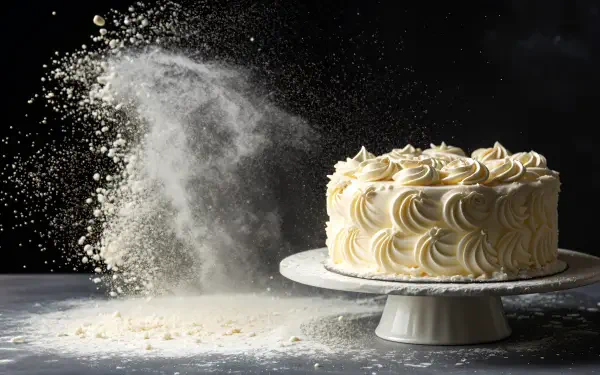 A vanilla cake with intricate frosting sits on a white stand, surrounded by flour dust in motion, captured in stunning 4K Ultra HD for a PC desktop wallpaper.