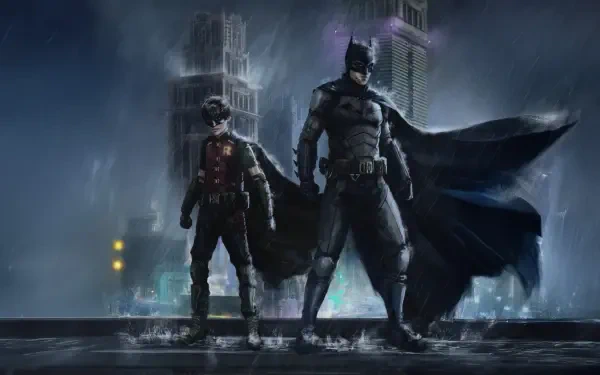 The Batman and Robin stand together on a rooftop at night, overlooking a rain-soaked cityscape in this 4K Ultra HD PC desktop wallpaper.