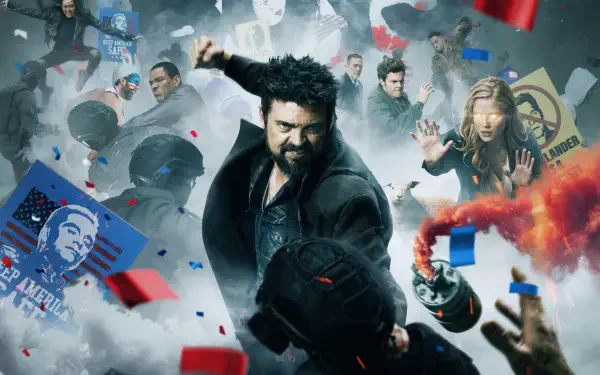 4K Ultra HD desktop wallpaper featuring intense action from The Boys (2019), with characters in dynamic poses amid smoke, confetti, and chaos.