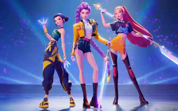 KPop Demon Hunters posed dynamically in vibrant outfits, illuminated by glowing effects in a 4K Ultra HD PC desktop wallpaper background.
