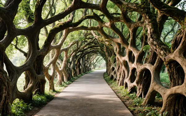 4K Ultra HD PC desktop wallpaper featuring a stunning tree tunnel with intertwined branches forming a natural arch over a paved pathway, bathed in soft sunlight.