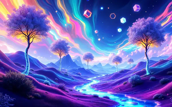 A vibrant, surreal landscape with glowing purple trees and a flowing river under a colorful, starry sky in stunning 4K Ultra HD resolution.