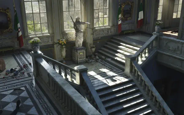 HD PC desktop wallpaper featuring a marble staircase and statue from the video game Mafia: The Old Country, showcasing detailed architecture and ambient lighting.
