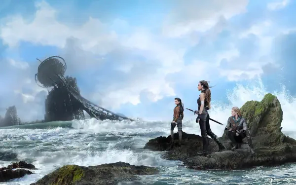 A 4K Ultra HD PC desktop wallpaper from The Shannara Chronicles featuring three characters standing on rocky shores with a massive, mysterious structure in the ocean.