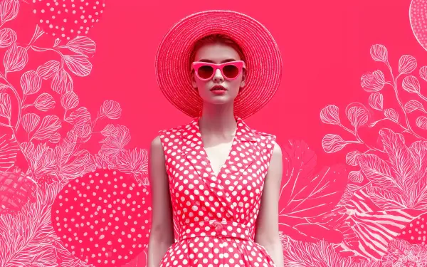 Woman in vibrant summer fashion with a polka dot dress, matching hat, and sunglasses against a detailed pink floral background, captured in 4K Ultra HD for desktop wallpaper.