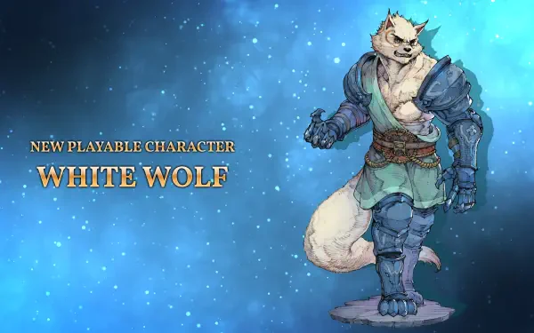 4K Ultra HD PC wallpaper featuring White Wolf, a new playable gaming character from Chained Echoes: Ashes of Elrant, set against a blue, starry background.
