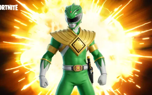 HD Fortnite desktop wallpaper featuring the Green Power Ranger in full armor with a dynamic, glowing background.