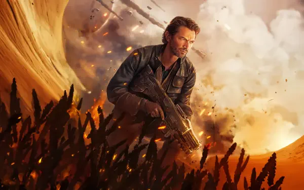 Rebel Moon - Part Two: The Scargiver 4K Ultra HD PC wallpaper featuring a rugged character with a gun against a fiery, smoky desert backdrop.