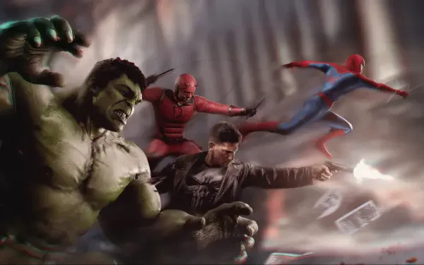 4K Ultra HD PC desktop wallpaper featuring Hulk alongside Daredevil and Spider-Man in a dynamic, action-packed scene.