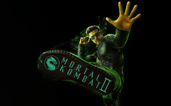 Mortal Kombat 2 (2025) 4K Ultra HD PC desktop wallpaper featuring a dynamic character pose with glowing green accents and the game title prominently displayed on the sole of a boot.