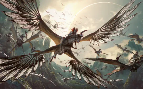 Avatar: Fire and Ash depicts flying creatures soaring through a dramatic sky, rendered in stunning 4K Ultra HD for a PC desktop wallpaper and background.