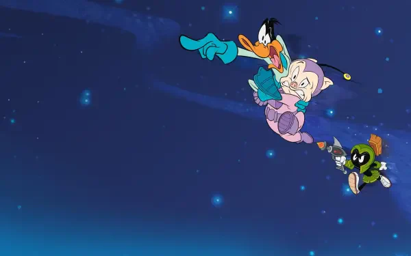 Duck Dodgers and companions soar through a starry night sky in this vibrant 4K Ultra HD PC desktop wallpaper and background.