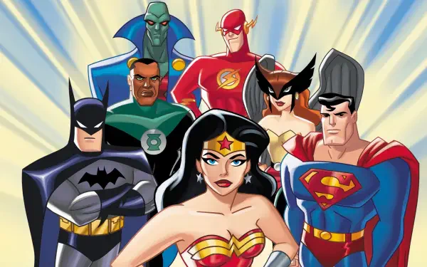 HD PC desktop wallpaper of Justice League Unlimited featuring prominent heroes including Wonder Woman, Superman, Batman, Flash, Green Lantern, Martian Manhunter, Hawkgirl, and Steel.