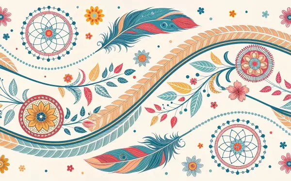 Boho pattern of flowing feathers, floral swirls and dreamcatcher motifs in teal, coral and mustard on cream — 4K Ultra HD PC desktop wallpaper and background.