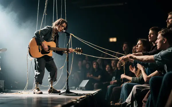 4K Ultra HD PC desktop wallpaper of a musician playing acoustic guitar onstage during a live performance, strings linking the performer to an engaged front-row audience.