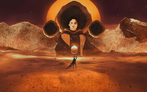 Dune: Part Two — 4K Ultra HD PC desktop wallpaper and background: solitary figure strides across red-orange dunes toward a colossal circular ceremonial gate beneath a blazing sun.