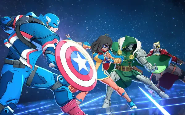 Marvel Tokon: Fighting Souls 4K Ultra HD PC wallpaper — Captain America, Ms. Marvel, Doctor Doom and allies charging through a neon-lit, high-energy battlefield pose.