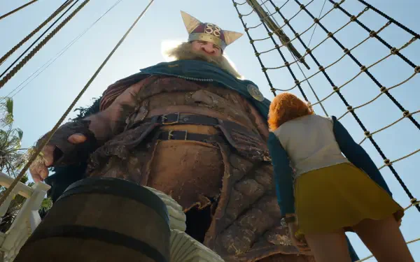 HD PC desktop wallpaper from the TV show One Piece (Live Action): low-angle ship deck shot of a towering masked pirate looming over a smaller crewmember beneath the rigging.